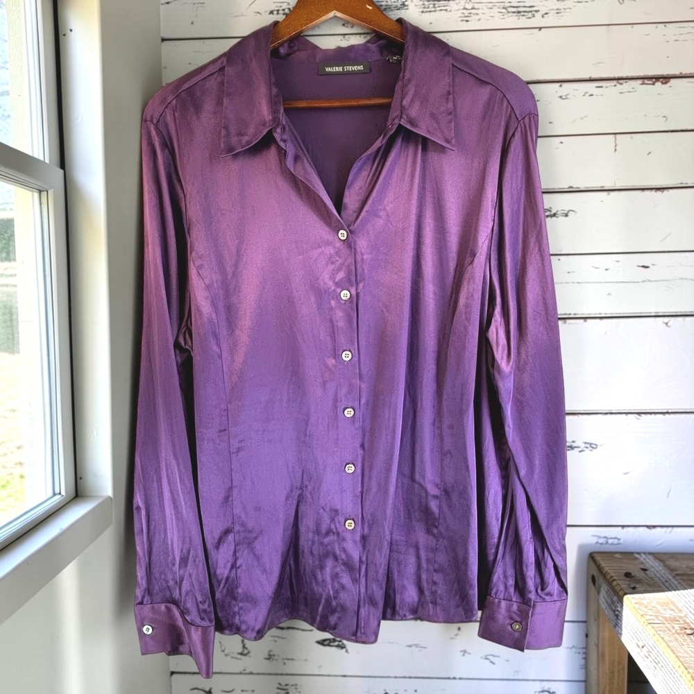 Vintage Silk Button Down Shirt XL Purple Satin Stretch Luminous Jewel Evening
